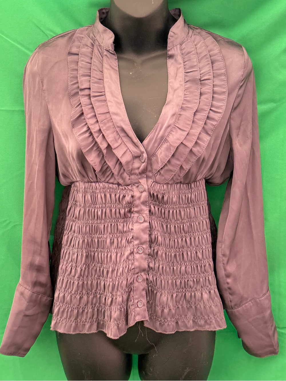Moon Collection Satin Ruffle Blouse Dusty Plum Size S Smocked Waist